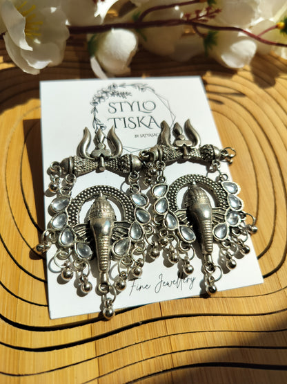 Trishul Ganpati Oxidised Stud Earrings