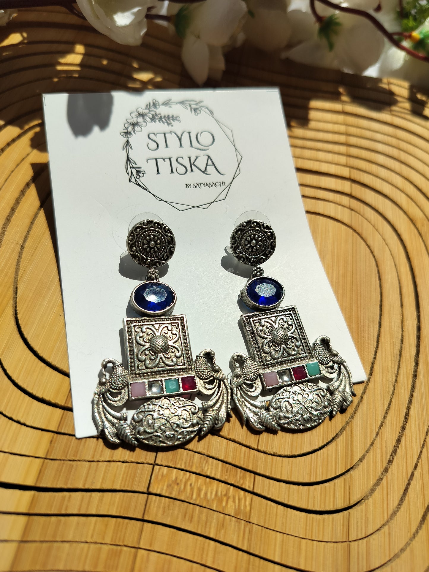 Silver Replica Statement Peacock Theme Earrings With Monalisa Stones