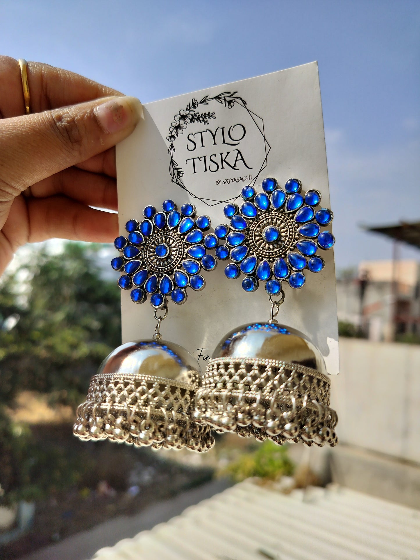 Jaipuri Oxidised Jhumka With Kundan