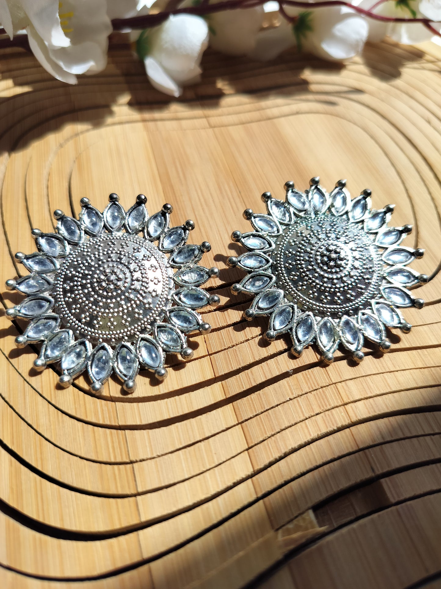 Sunflower Silver Oxidised Stud Earrings