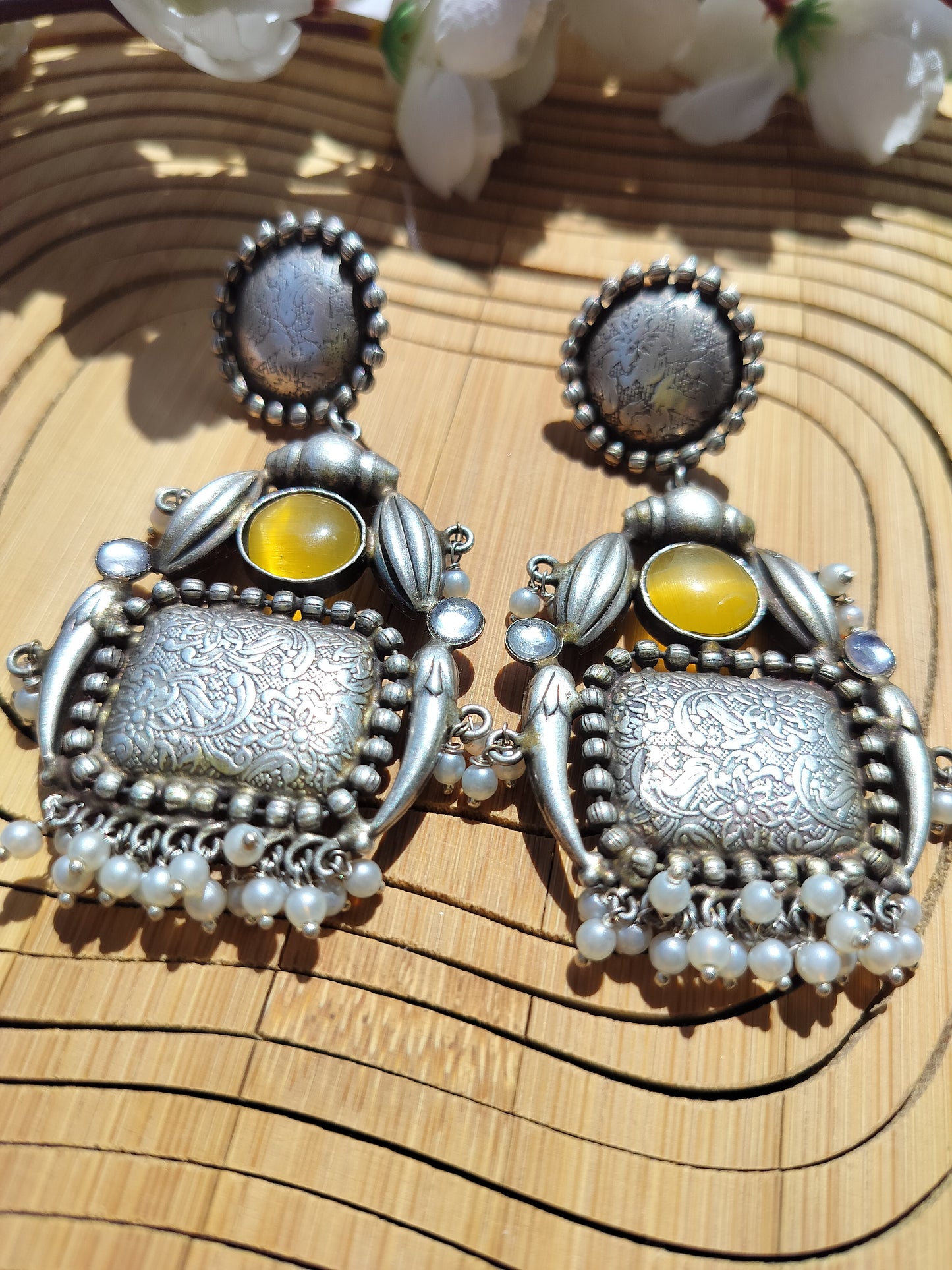 Silver Replica Statement Earrings With Monalisa Stones