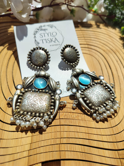 Silver Replica Statement Earrings With Monalisa Stones