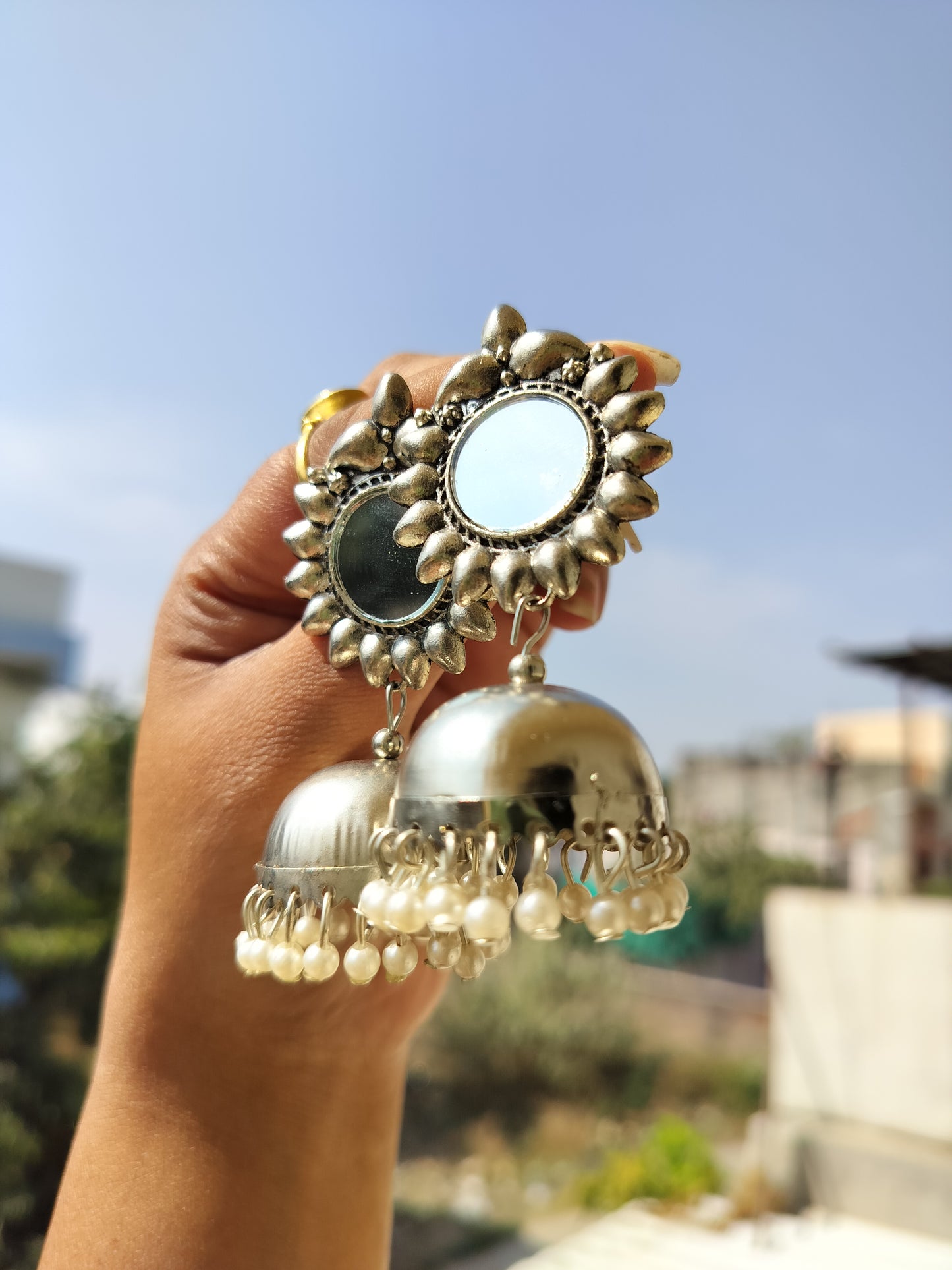 Oxidized Mirror Jhumka