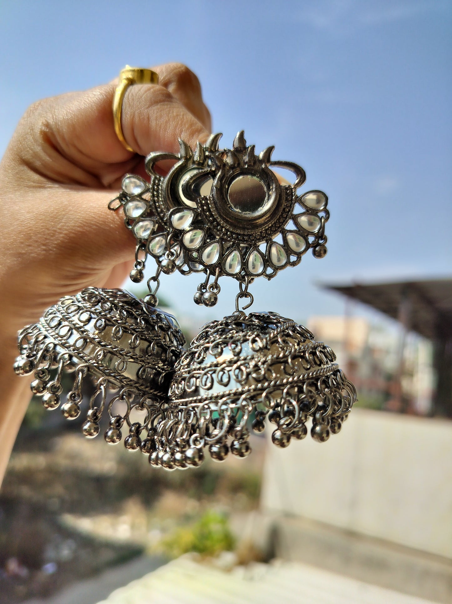 Jaipuri Oxidised Jhumka With Kundan