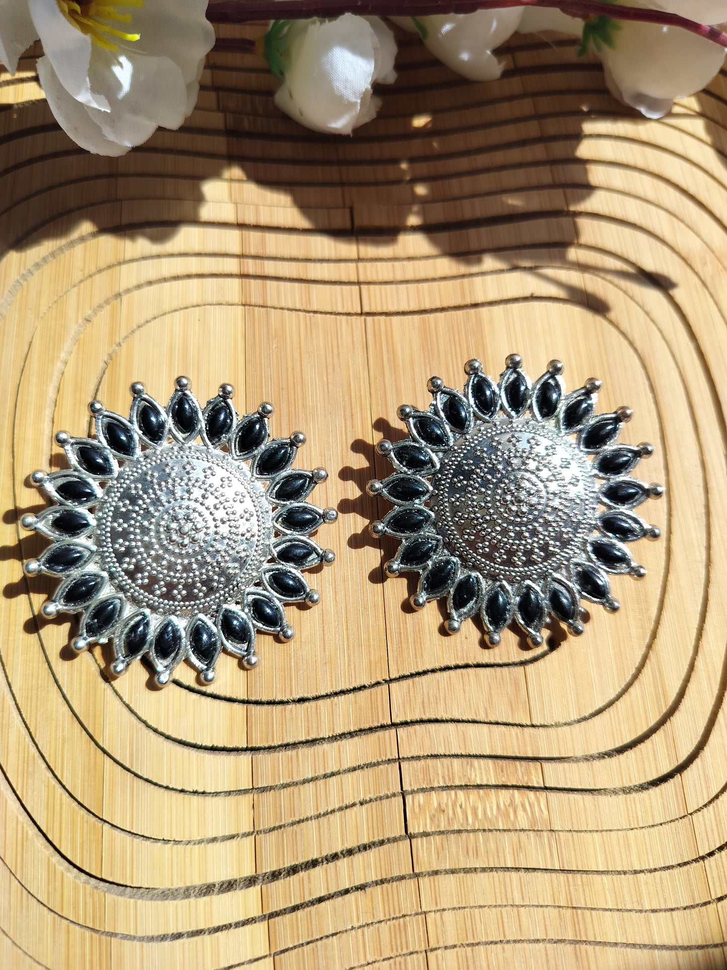 Sunflower Silver Oxidised Stud Earrings