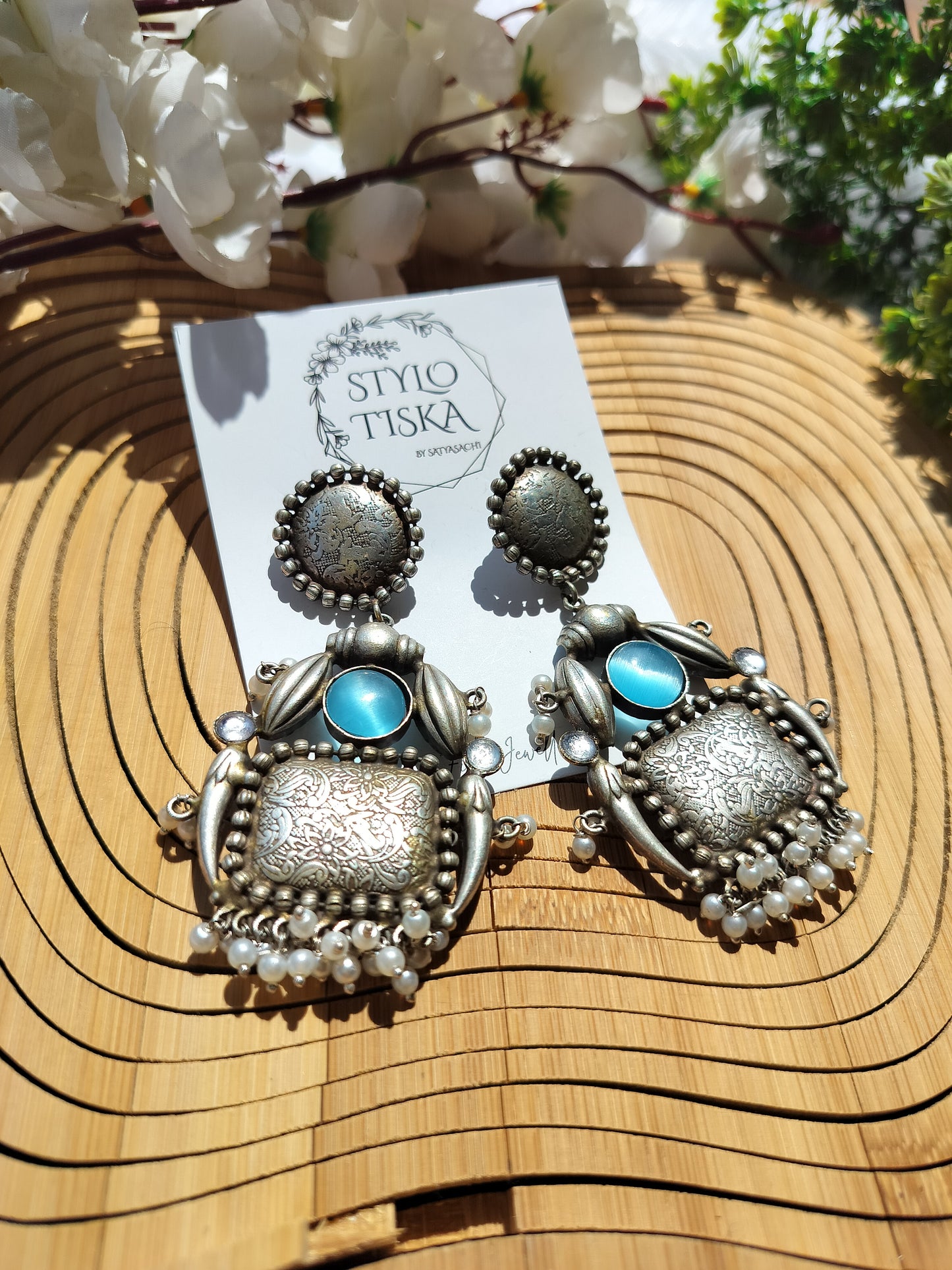 Silver Replica Statement Earrings With Monalisa Stones