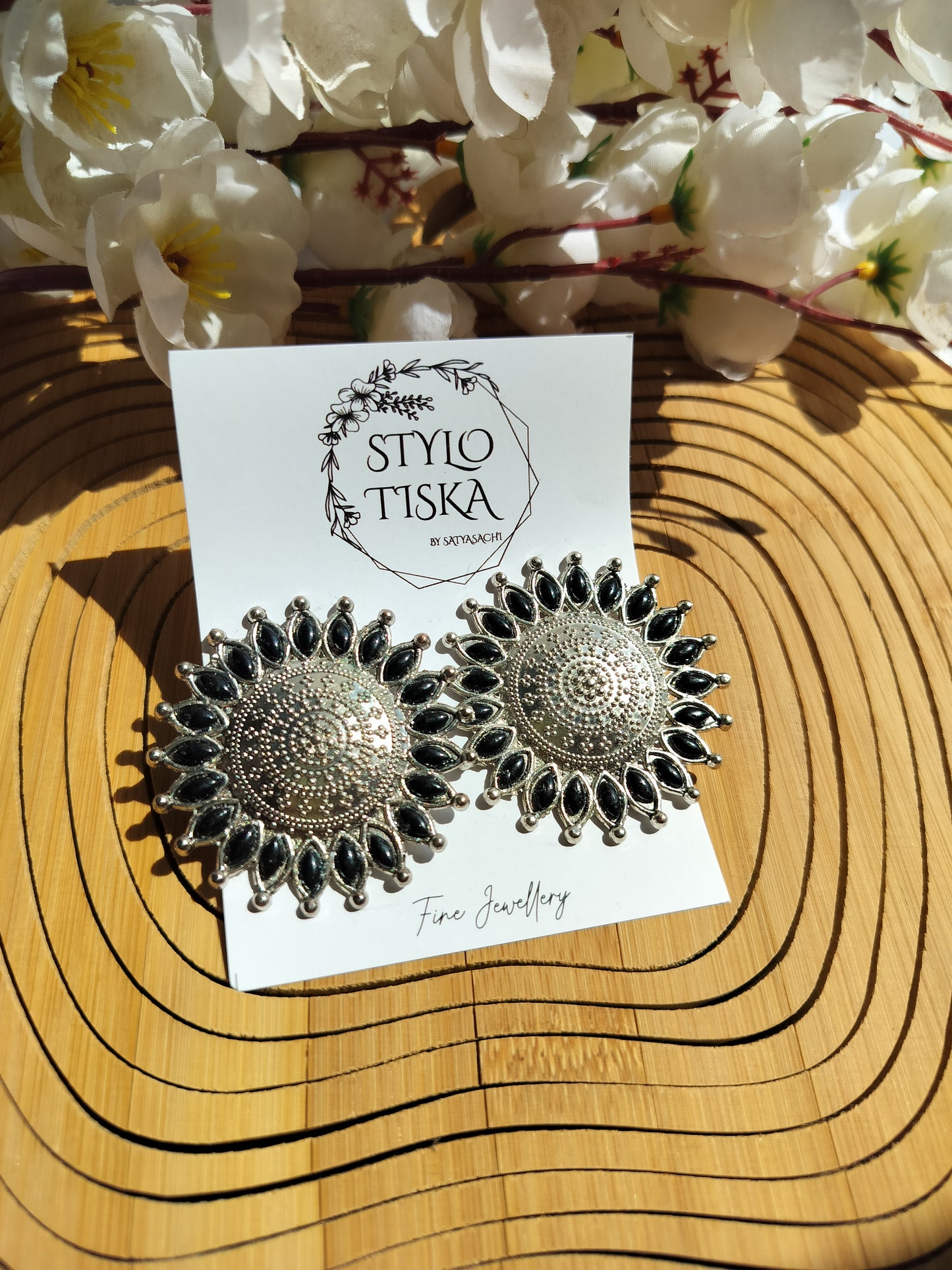 Sunflower Silver Oxidised Stud Earrings