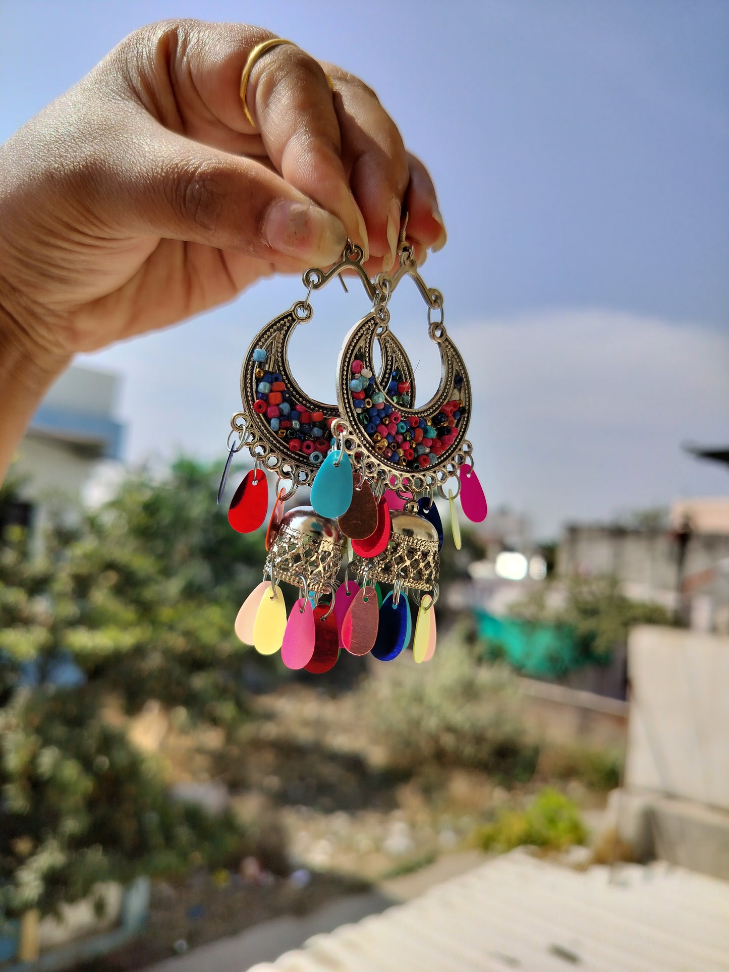 Afgani Boho Style Silver Oxidised Dangle Earrings For Girls