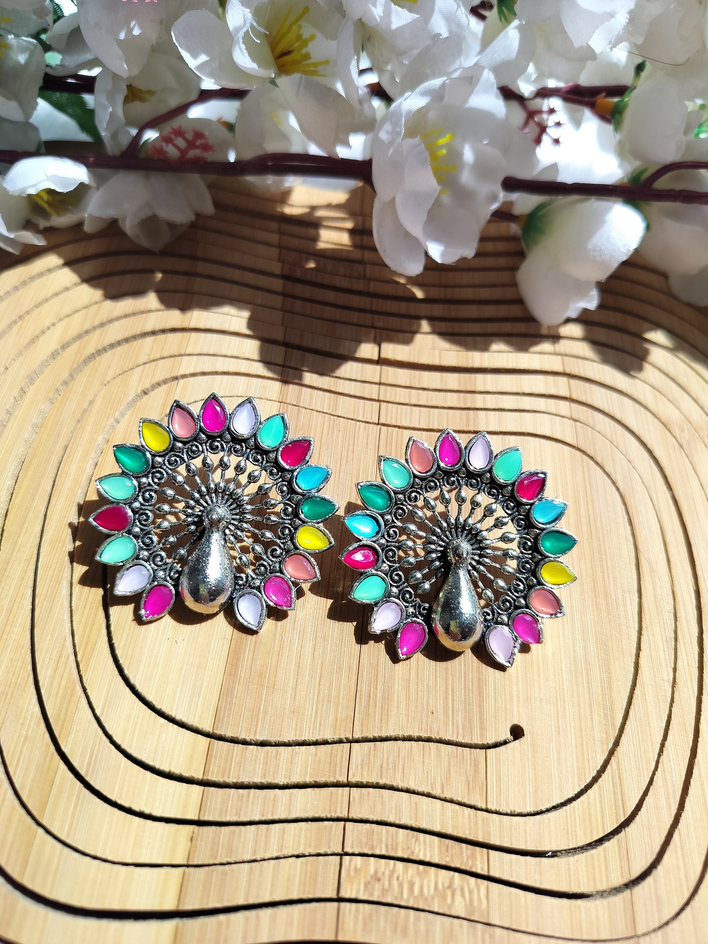 Peacock Theme Statement Oxidise Earrings