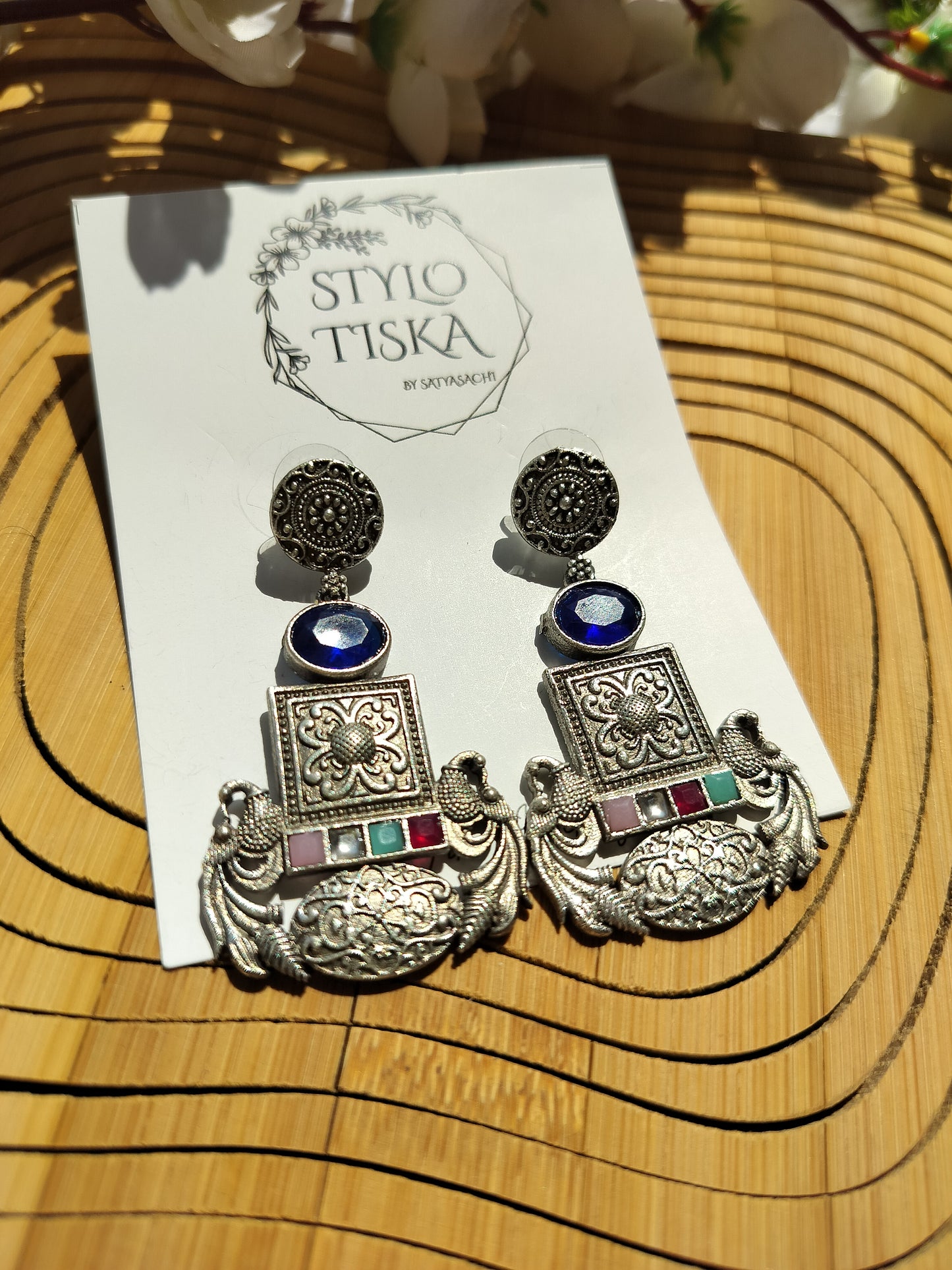 Silver Replica Statement Peacock Theme Earrings With Monalisa Stones